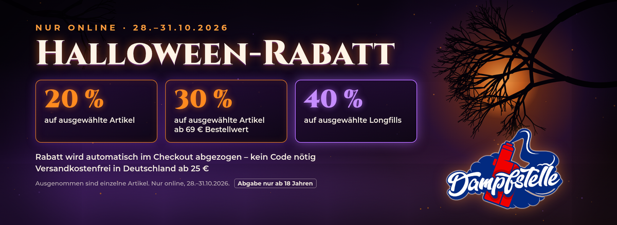 Halloween-Rabatt bei Dampfstelle, nur online vom 28. bis 31.10.2026