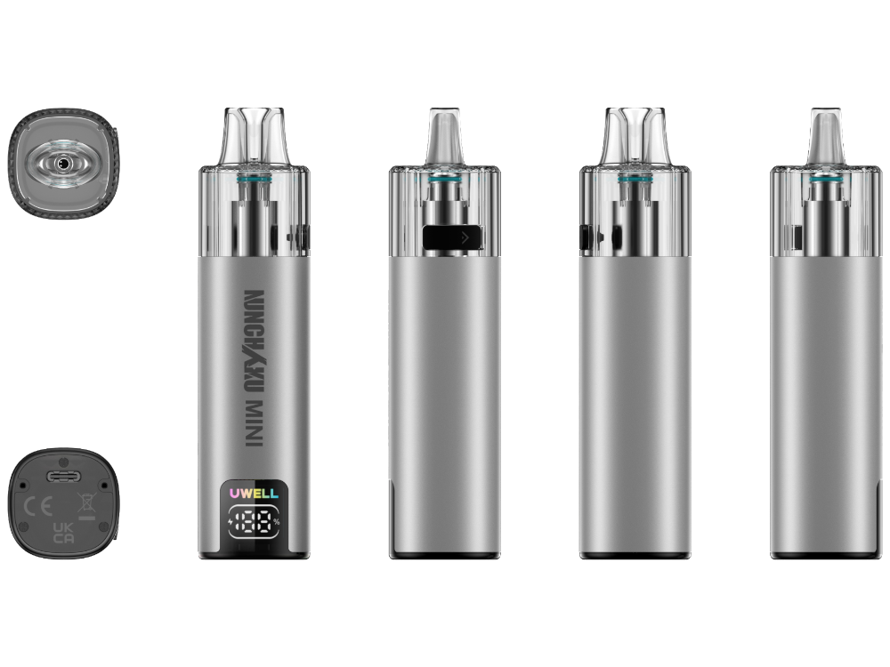 Uwell Nunchaku Mini von allen Seiten mit Display, USB-C-Anschluss und Pod