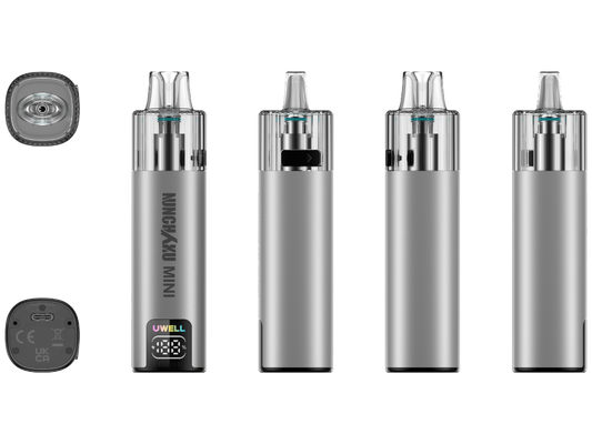 Uwell Nunchaku Mini von allen Seiten mit Display, USB-C-Anschluss und Pod